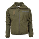 Olive green Austrian military style fleece jacket with high neck, full zip, chest epaulet, and adjustable waist.