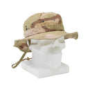 Genuine Dutch army boonie hat in desert DPM camouflage with wide brim and adjustable chin strap on mannequin head.