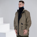 Man wearing genuine Dutch army parka with liner, khaki green durable military officer jacket