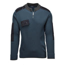 Genuine Dutch military rib knit blue pullover sweater with quarter zip and reinforced elbows for cold weather.