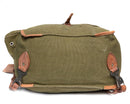 Genuine Romanian army rucksack bag in olive drab canvas with leather straps and metal buckle closures, military surplus gear.