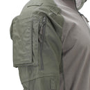 Close-up of olive green MIL-TEC tactical combat shirt sleeve with zippered pocket and reinforced stitching details