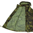 Original Czech army military combat CZ 95 camo field jacket parka with hood and multiple pockets shown inside out