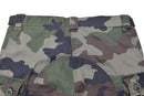 Close-up of Original French Military cargo pants in CCE camo ripstop fabric with anti-mosquito treatment for durability and protection.