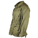 Original Italian army olive green military BDU jacket with four front pockets, epaulets, reinforced elbows, and adjustable cuffs.