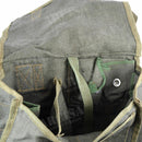 Open original Polish army canvas shoulder bag showing interior pockets and button closures in olive green color