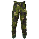 Original Swedish Army M90 pants in splinter camouflage with reinforced knees, ankle zips, and secure pocket closures for durability.