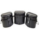 Three black vintage Swedish military surplus mess kits for outdoor cooking arranged side by side on white background