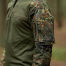 Close-up of TACGEAR Flecktarn German Army style combat shirt sleeve with ripstop camo fabric and utility pocket