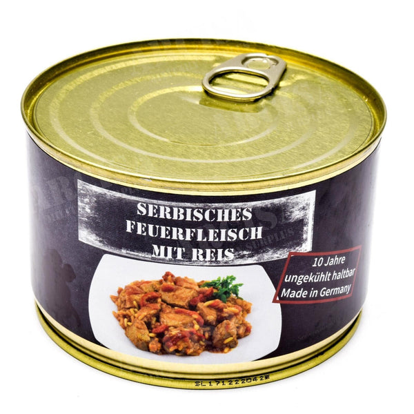 Ration d'urgence pour la survie de l'armée, conserves de viande de porc serbe avec du riz, boîte de 400 g