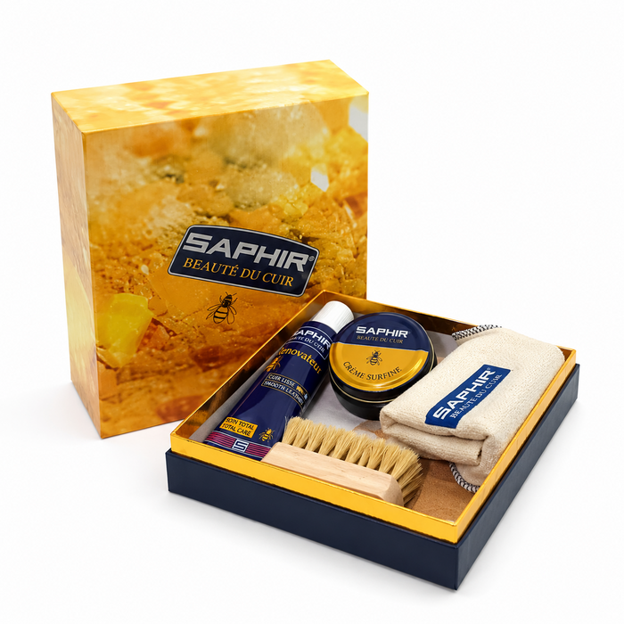 Coffret Saphir Grand Kit d'Entretien pour Chaussures Cuir Lisse Cirage Brosse Chiffon Ensemble