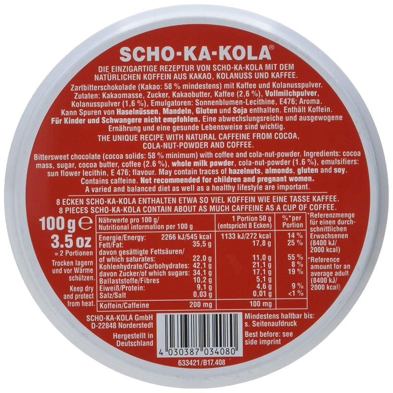 Chocolat noir énergétique allemand SCHO-KA-KOLA Caféine et noix de cola Boîte de 100 g