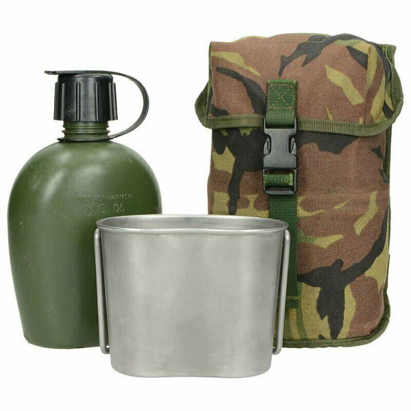 Véritable gourde de l'armée néerlandaise avec pochette et gobelet en acier inoxydable Couvercle avec capuchon DPM camouflage MOLLE