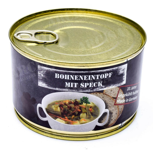 Ration d'urgence pour la survie de l'armée, nourriture en conserve, ragoût de haricots au bacon, boîte de 400 g
