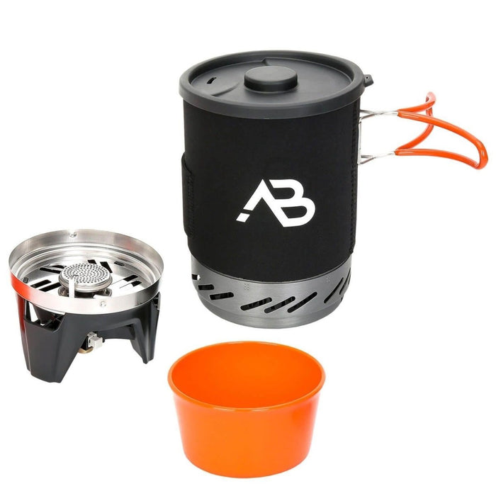 Système de réchaud de camping compact A.Blochl AB-1 avec casserole de 0,8 L, brûleur à gaz liquide, coupe-vent et échangeur de chaleur pour une économie de carburant