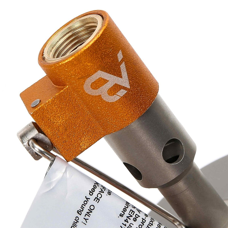 A close-up of the A.Blochl AB-16 titanium camping gas burner with screw-on gas cartridge connection.