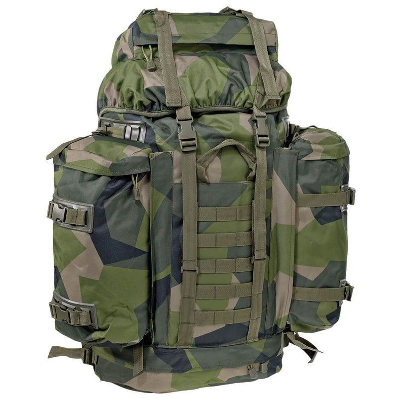 A.Blochl large 80L M90 camo mountain hiking backpack with padded straps, D-rings, Molle loops, and multiple storage compartments.