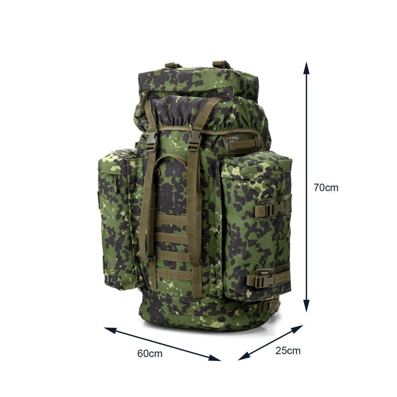Large A.Blochl M84 camo mountain hiking daypack with multiple compartments and padded straps for camping and trekking.