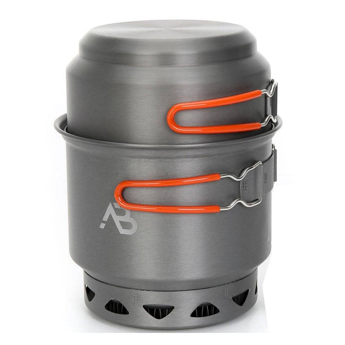 Marmite et poêle de camping légères en aluminium anodisé dur A.Blochl Star X1 empilées avec échangeur de chaleur et poignées orange