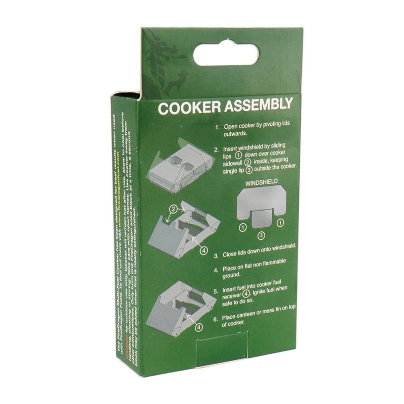 BCB FireDragon folding cooker assembly instructions for outdoor camping stove with windshield and fuel receiver shown on packaging box