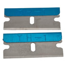 Two razor blades with blue裁定 and metal blade on a white background