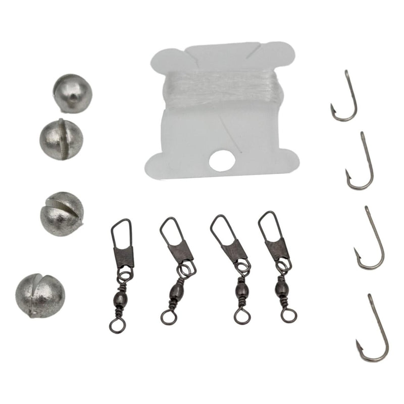 Fishing accessories including sinkers, swivels, and hooks on a white background