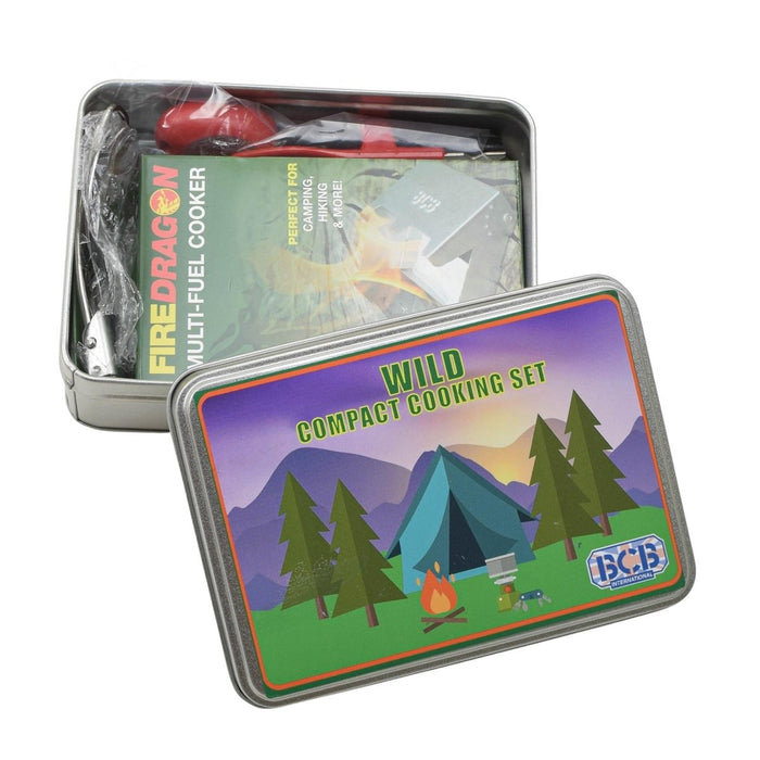 Ensemble de cuisine de camping compact BCB WILD avec réchaud à combustible solide, cuillère, ouvre-boîte et boîte de rangement pour la randonnée en plein air.