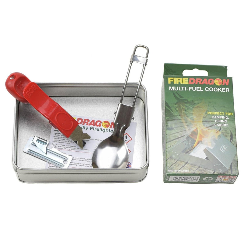 Compact multi-fuel camping cooker set with spoon, can opener, and metal box for outdoor hiking and camping use