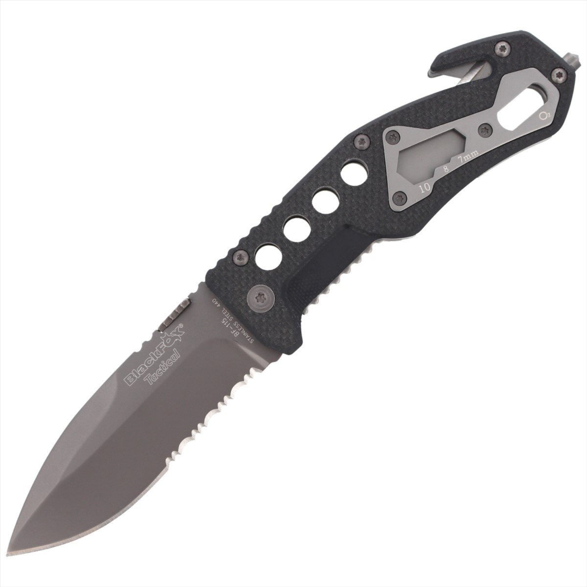 Couteau de poche tactique Black Fox BF-115 AISI 440, brise-verre, manche G10