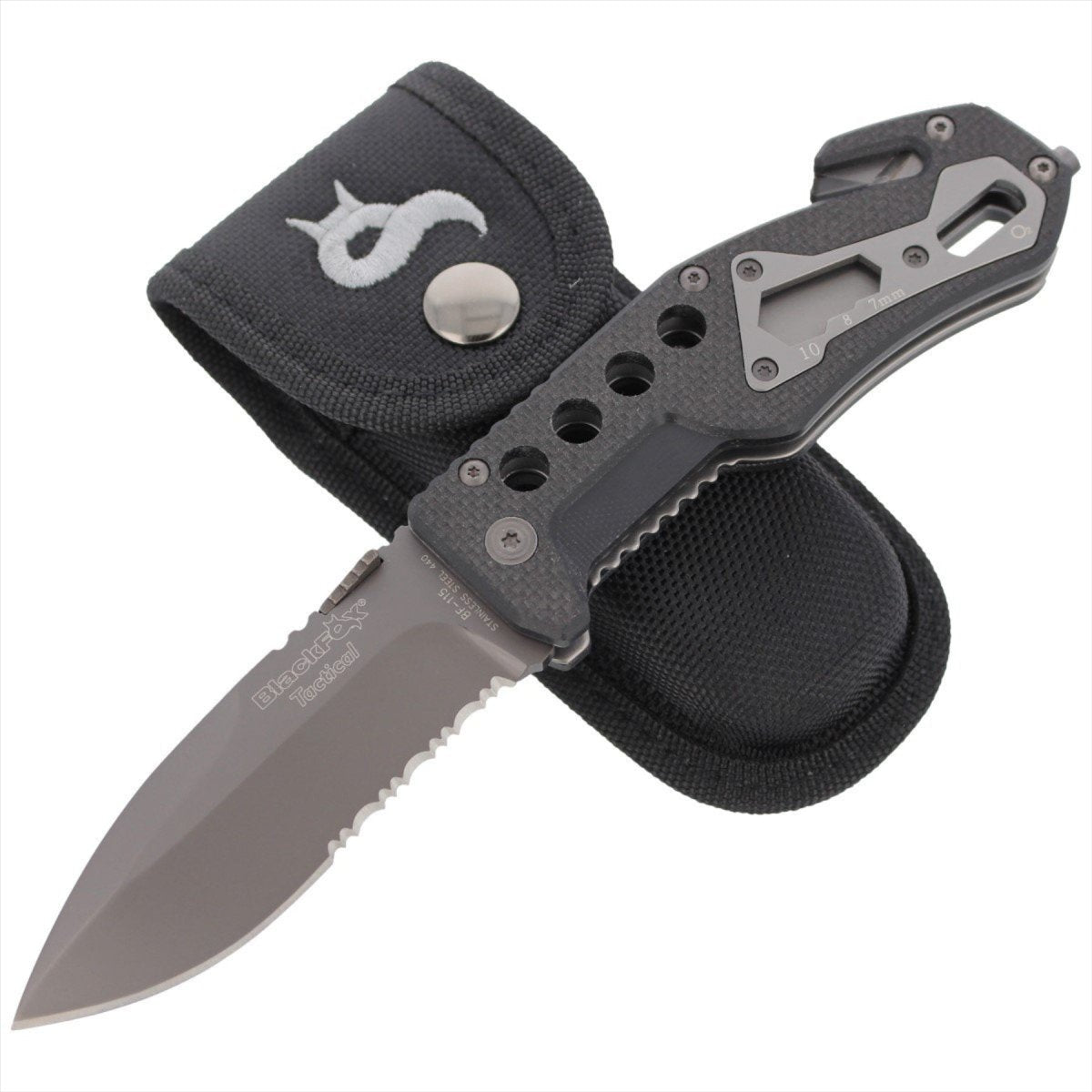 Couteau de poche tactique Black Fox BF-115 AISI 440, brise-verre, manche G10