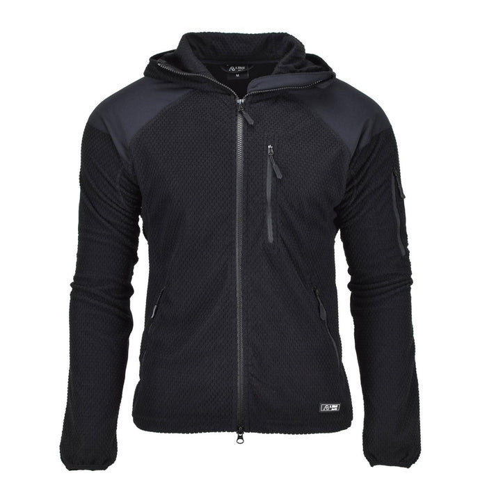 Black military style thermal fleece jacket with hood, reinforced elbows, zip front, and multiple pockets for cold weather protection