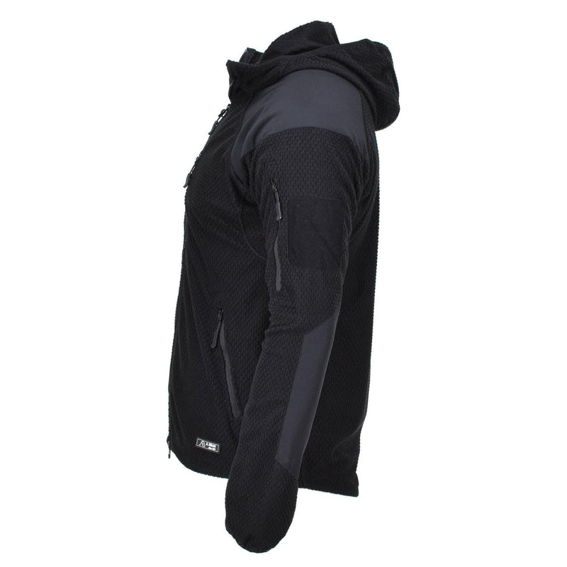 Side view of black Blochl military style thermal fleece jacket with hood and reinforced elbow patches