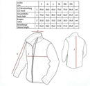 Sizing chart and technical drawing of US style combat jacket in grey camo with measurements for chest, body height, collar, and sleeve length