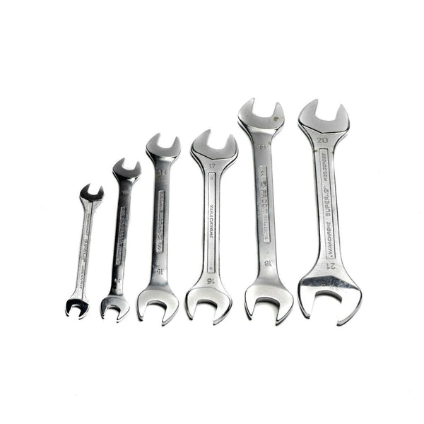 Set of six Facom metric open-end wrenches in sizes 11mm, 14mm, 16mm, 18mm, 20mm, and 21mm arranged on white background.