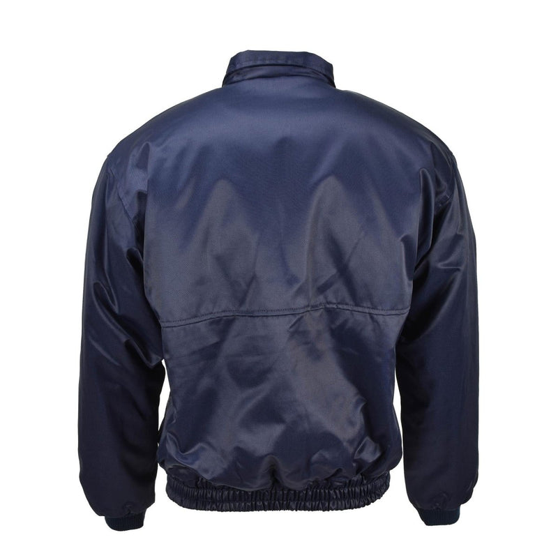 Back view of a blue Lambert French Air Forces bomber jacket with elastic cuffs and waistband, windproof and warm.