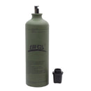 BRS olive green aluminum 1-liter fuel bottle with screw-on nozzle cap for safe liquid fuel storage and dispensing