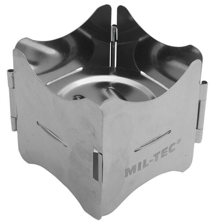 Réchaud de camping pliable en acier inoxydable de MIL-TEC avec un design compact et léger pour la cuisine en plein air et un assemblage facile.