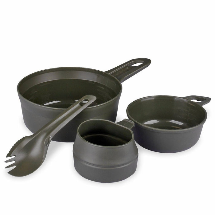Ensemble de mess d'extérieur Wildo vert olive sans BPA avec grand bol, petit bol, tasse pliante et cuillère pour les repas de camping.