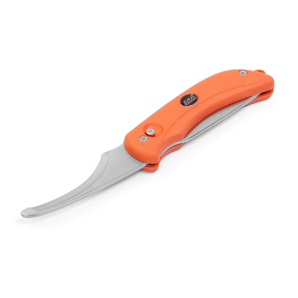 Couteau de pêcheur suédois EKA crochet à éviscérer G3 lame en acier 59 HRC manche Proflex orange