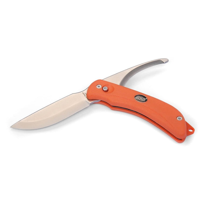Couteau de pêcheur suédois EKA G3 avec crochet en boyau, lames en acier 59 HRC et manche ergonomique Proflex orange.