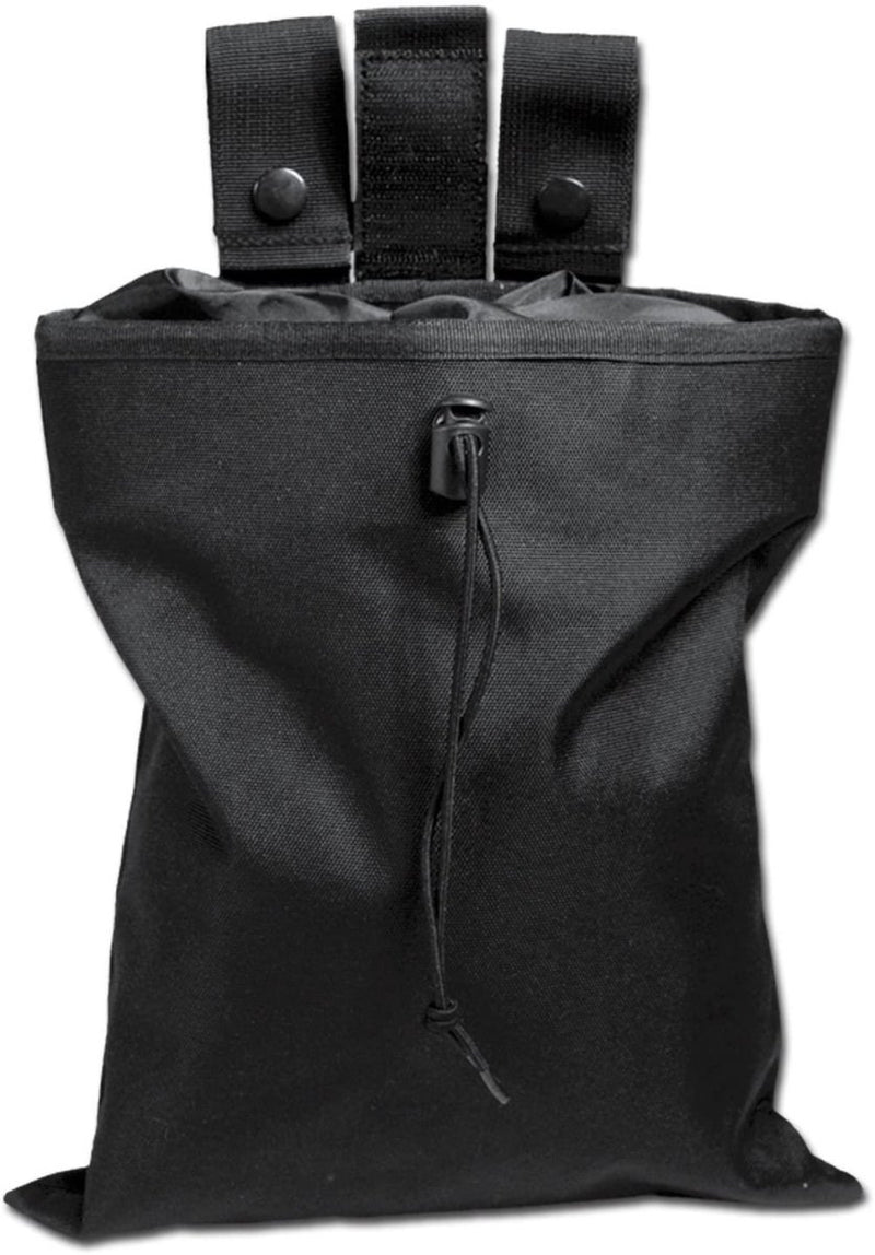 Black empty shell pouch with drawstring closure and three snap straps for attaching magazines or cartridge cases.