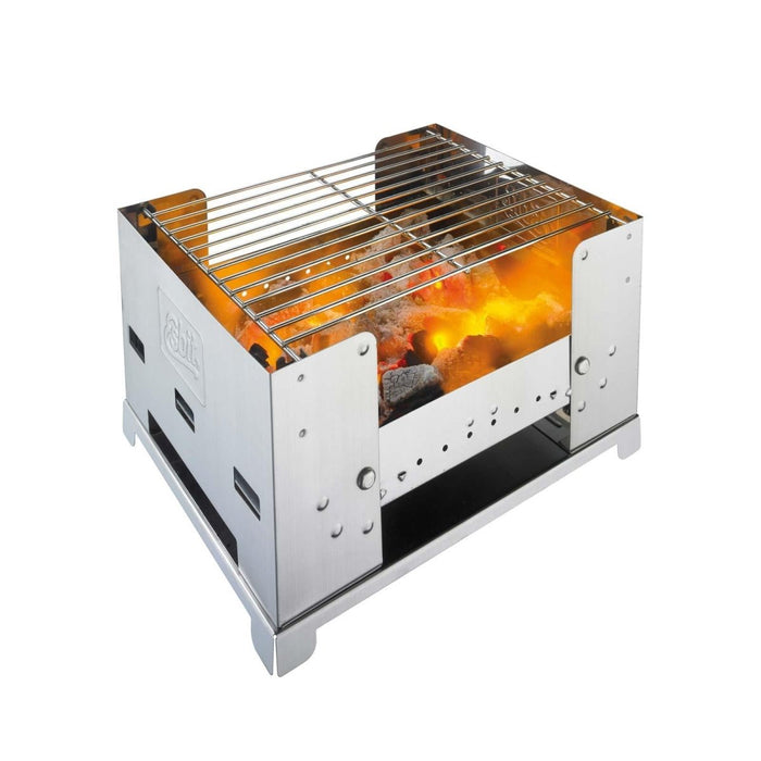 Grill à charbon de bois compact et pliable en acier inoxydable avec charbons incandescents pour la cuisine et les pique-niques en plein air