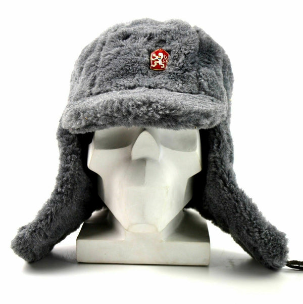 Véritable casquette d'hiver de l'armée tchèque Ushanka chapeau chaud en fourrure grise CZ militaire isignia