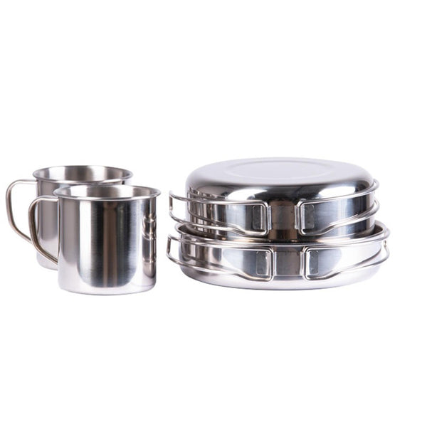 Batterie de cuisine d'extérieur MIL-TEC 8 pièces en acier inoxydable pour camping, casserole, tasse, assiette