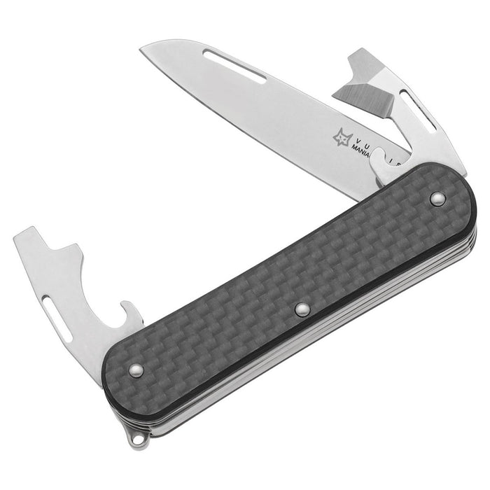 Couteau de poche multitool Fox Knives VULPIS FX-VP130-3 CF avec manche en fibre de carbone et lame M390 en acier inoxydable.