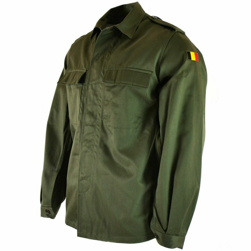 Vintage genuine Belgian army olive green military field jacket with Belgian flag patch on sleeve, long sleeves, button front closure