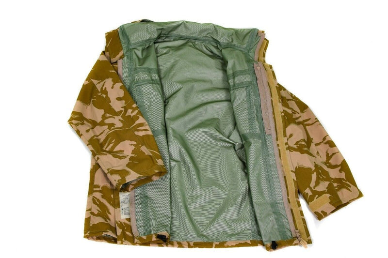 Open British Army desert camo MVP Goretex waterproof combat jacket showing interior lining and mesh ventilation