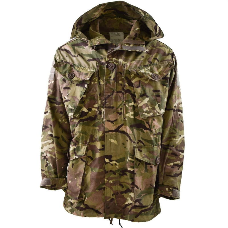 British military MTP camouflage combat parka jacket with hood, four front pockets, adjustable waist and bottom hem.