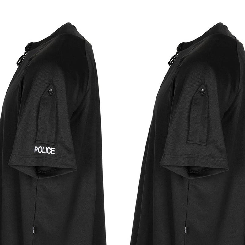 Black British police polo shirt with authentic insignia, breathable and lightweight for active duty wear.