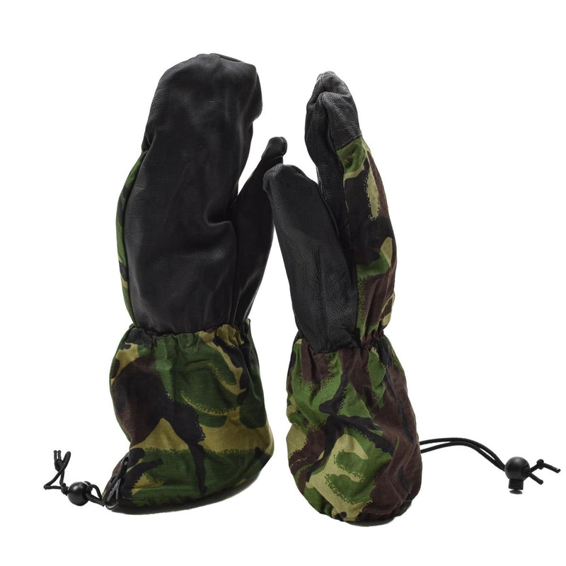 Genuine British Army mittens with leather palm grip in DPM camouflage, designed for durability and cold weather protection.